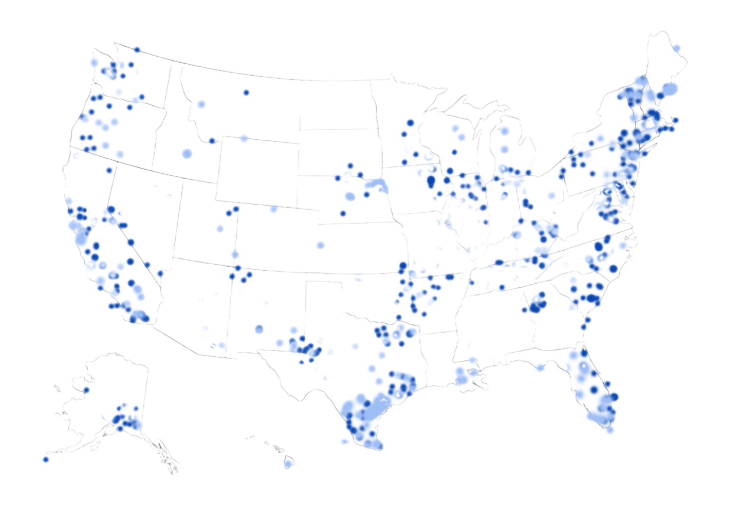 Map of U.S. with blue dots.