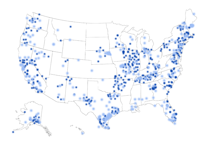 Map of U.S. with blue dots.